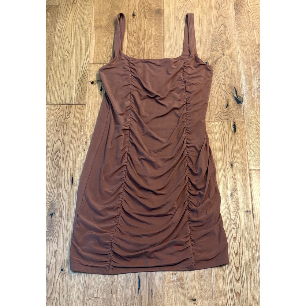 Aritzia Wilfred Lydia Dress L Brown Ruched Square Neck Mini Dress